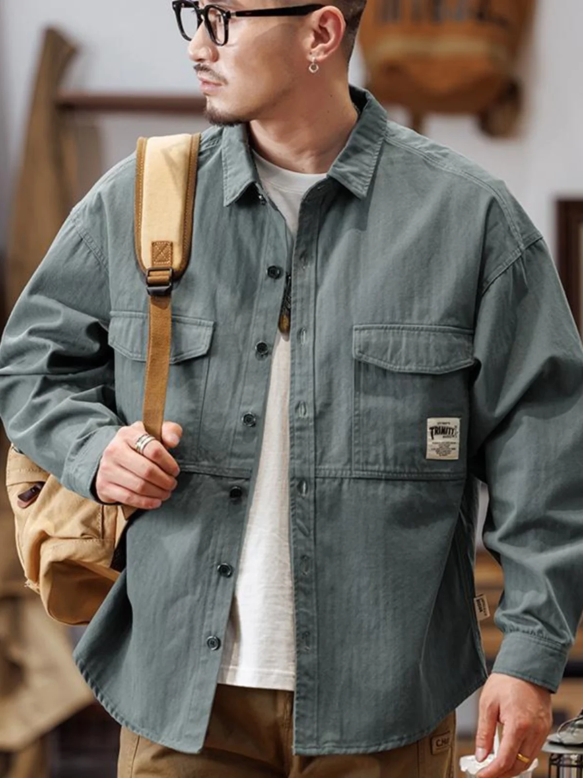 American Style Retro Workwear Shirt Men's Long Sleeve Loose Fit Casual Autumn Jacket Men's Pure Color Point Collar All Seasons
