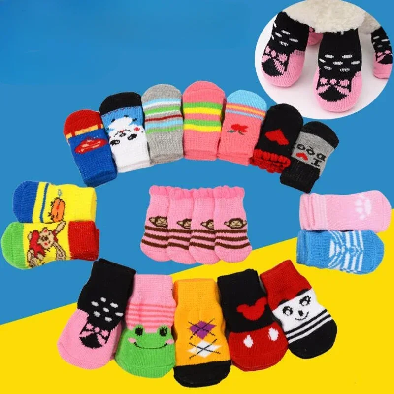 4Pcs Random Color Small Cat Puppy Knit Socks Pets Warm Anti-Slip Skid Bottom Socks