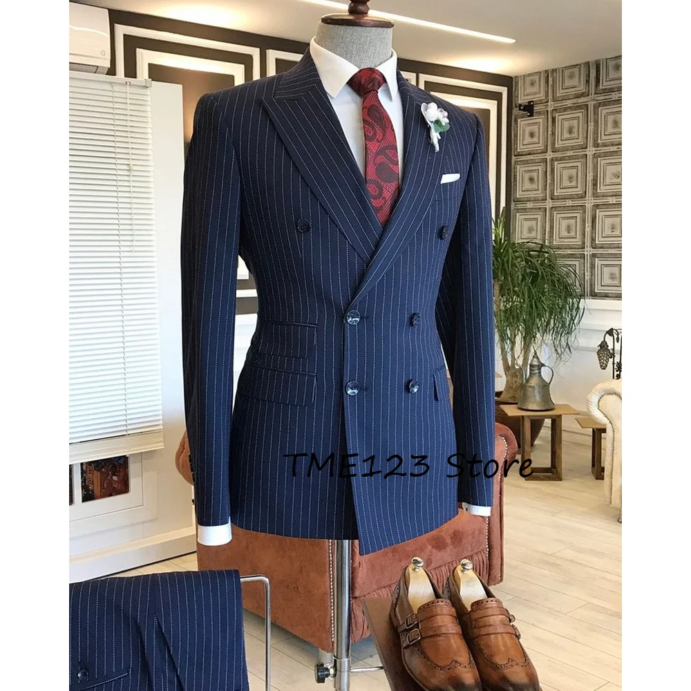 

Мужской костюм, комплект из полосатой ткани, классический мужской костюм с карманами и клапанами, модные костюмы, формальный комплект из 2 предметов, пиджак с остроконечными лацканами, одежда