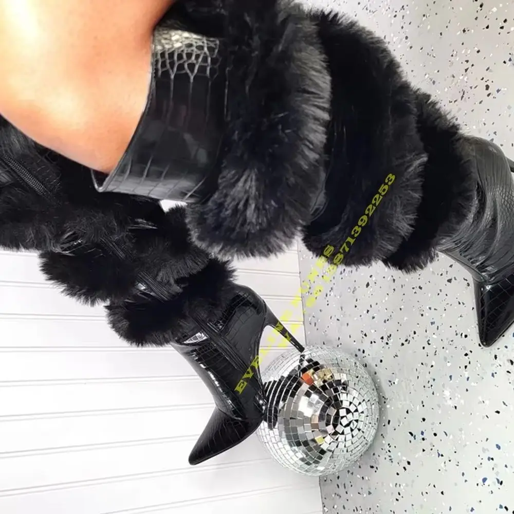 Fur Cross-Strappy Leopard Over The Knee Boots Pointed Toe Thin Heel Zipper Closure Sexy Spicy Girl Party Stage Boots Runway Show