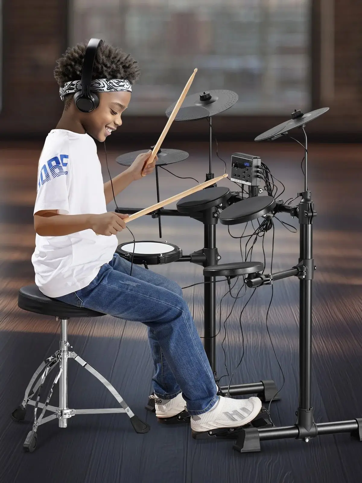 VEVOR Batterie électronique, 15 pcs et 150 sons, kit de batterie électronique silencieux en peau maillée, 165,1 mm, prise en charge USB MIDI, avec siège, baguettes et casque, pour débutants et adultes