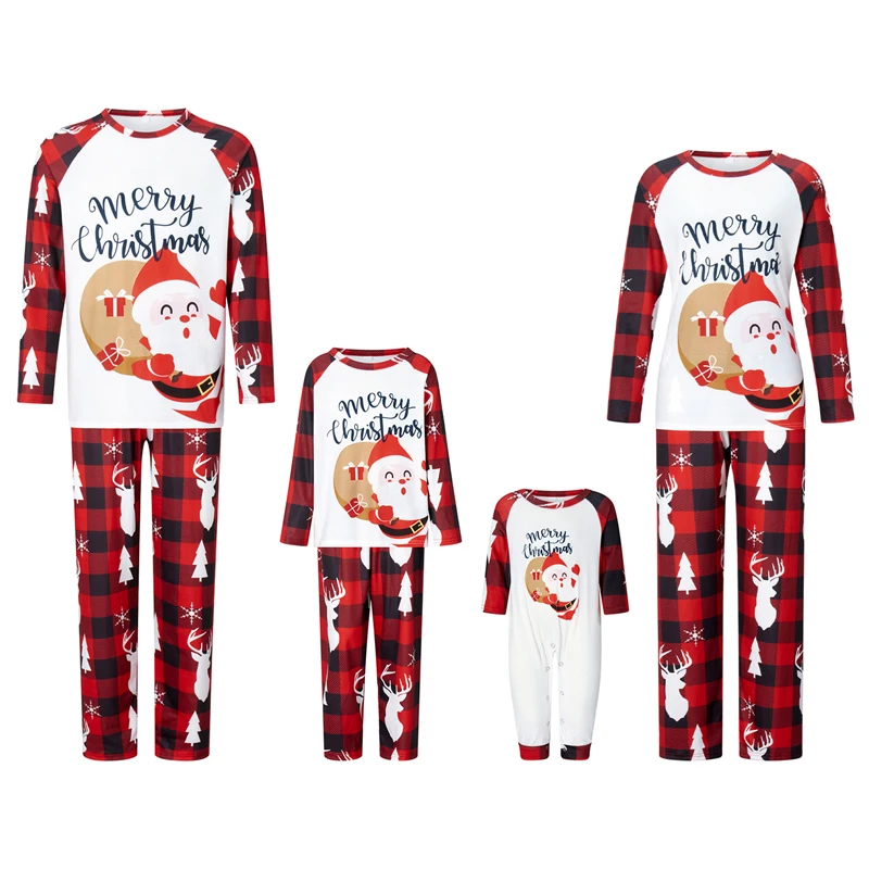 

Family Matching Christmas Pajamas Baby Romper Letter Santa Print Tops and Elk Christmas Tree Print Plaid Pants Sleepwear Set -