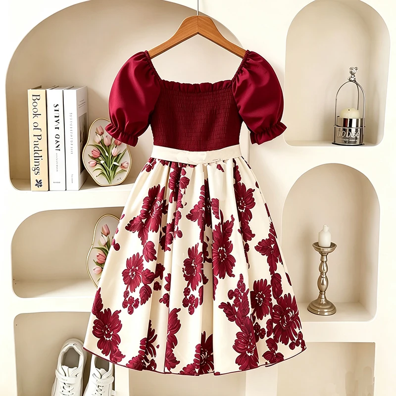 Sommerkleid für Mädchen 13-16 Jahre, Blumenmuster, Quadratischer Ausschnitt, Puffärmel, Gerafftes Oberteil, Schleifenknoten an der Taille, A-Linie, Swing-Midi-Kleid für Teenager – Detail 3