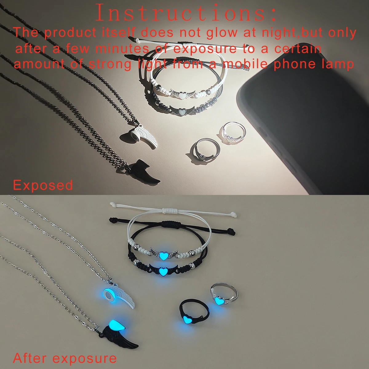 مجموعة أساور على شكل قلب مضيء وثلاثية الأبعاد على شكل جناح للزوجين للنساء مجموعة مجوهرات عصرية مكونة من 6 قطع