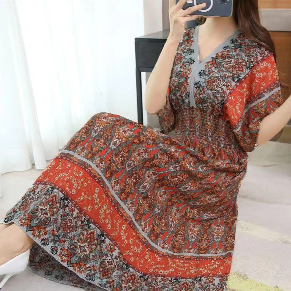 Nieuwe stijlvolle comfortabele mode damesjurk lange jurk elegante modieuze bloemenprint jurk grote zoom elastische taille pofmouwen