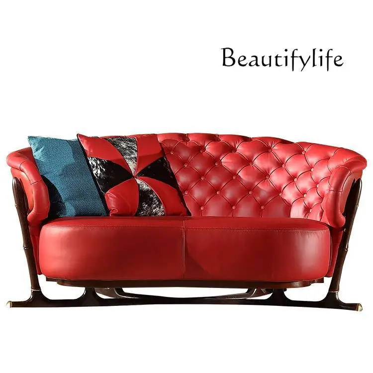 

Modern New Chinese Style Red Leather Ugyen Wooden Sofa Combination Small Apartment Light Luxury Solid Wood Furniture