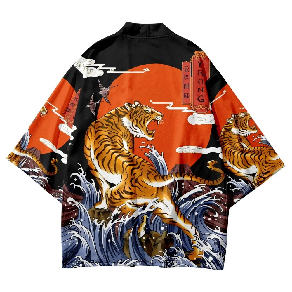 Chinese Style Tiger Print Cardigan Haori Women Beach Japanese Kimono Streetwear Men Traditional Tops Plus Size Samurai Cosplay
