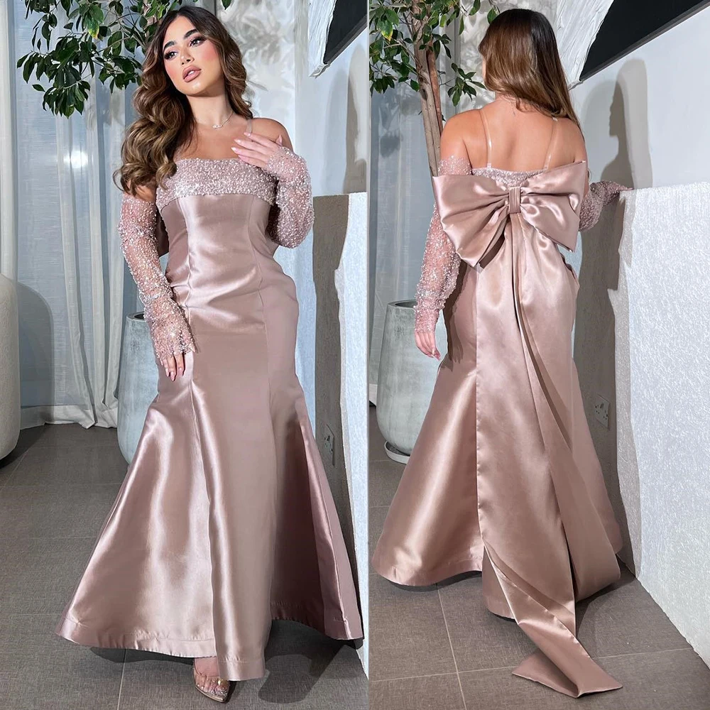 

Strapless Evening Dresses Sexy Sheath Satin Backless Bow Celebrity Banquet Dress Temperament Prom Gown Boat Neck Robe De Soiree