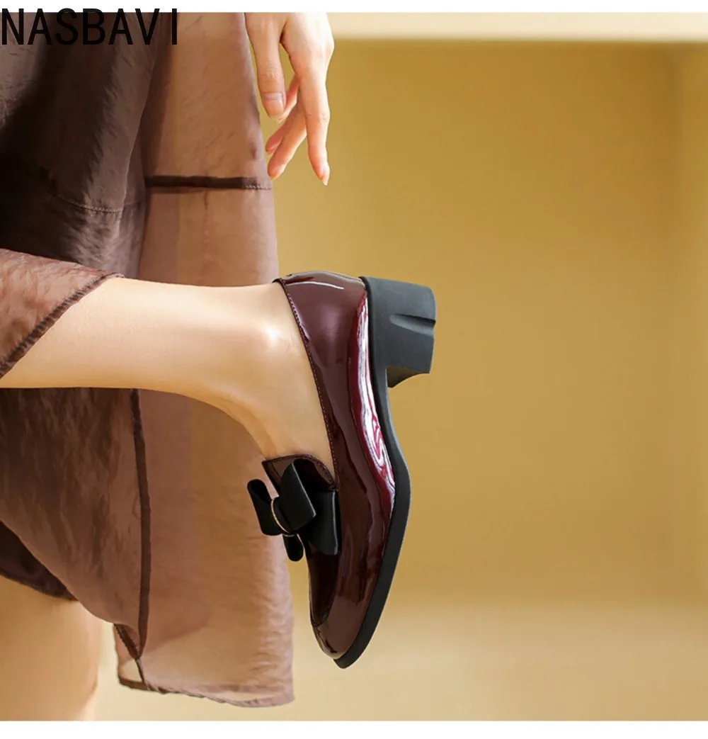 Wine Red Patent Leather Loafers Women 2026 Spring Bowtie Decor Square Heels Pumps Woman College Style Uniform Shoes Top quality