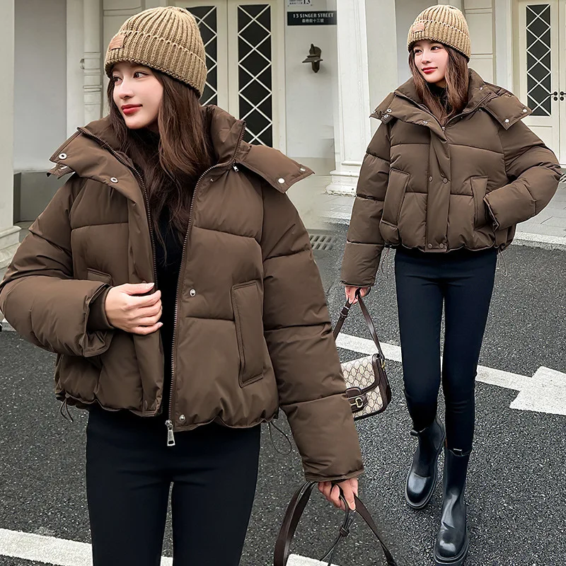 Women Parkas Coat Hooded Short Jacket Solid Zipper Pocket Drawstring Long Sleeve Thick Loose Fit Office Lady Casual 2025 Winter