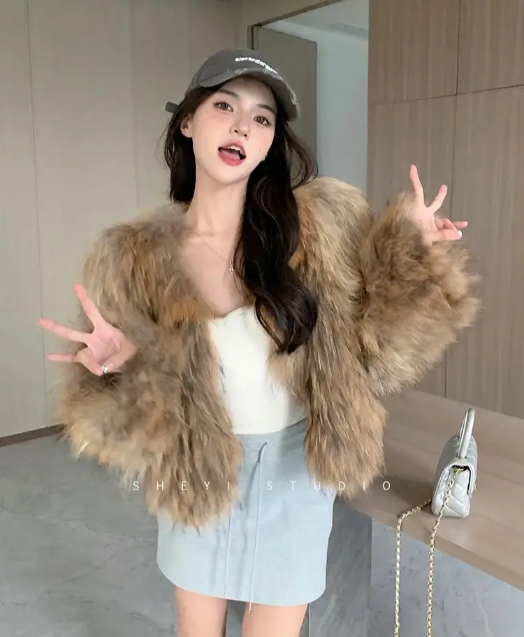 FANIECES Winter Luxury Faux Fox Fur Crop Coat Women O Neck Long Sleeve Cardigan Fluffy Fur Outerwear Short Imitation Fur Jacket