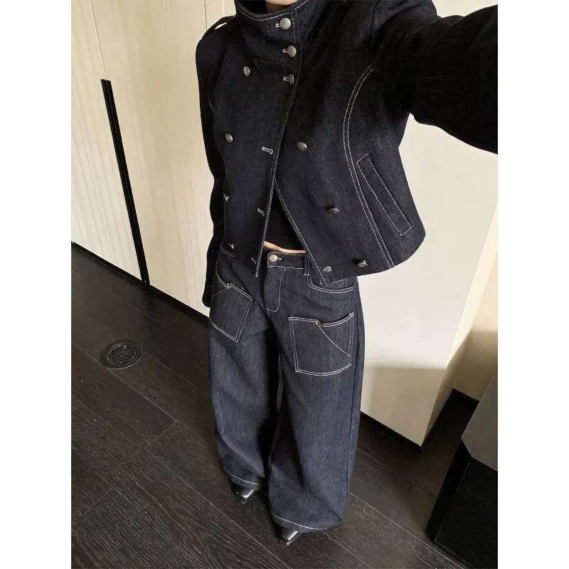 Retro Motorcycle Coat Set Unique Women‘s Dark Blue Denim Double Breasted Stand Collar Coat Casual Wide Leg Pant Streetwear