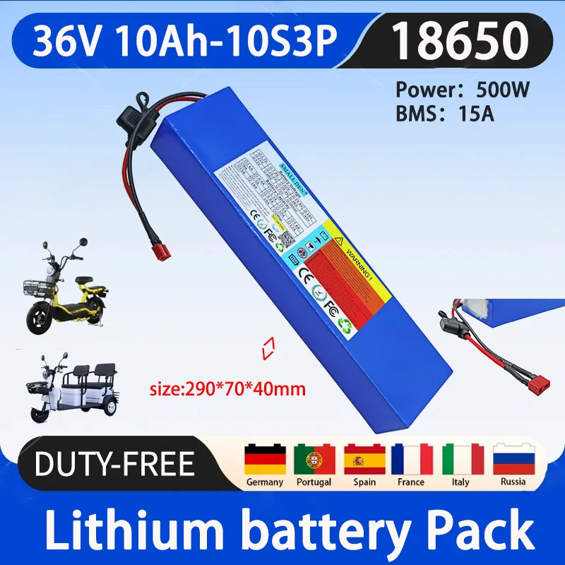 

36V 10Ah 18650 10S3P lithium-ion fuse+fiberboard battery pack 500W rechargeable battery with 15A BMS+2A charger