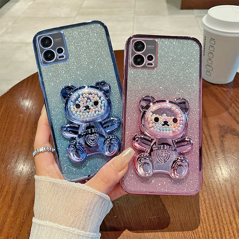 

G72 Luxury Gradient Glitter Plating Bear Cartoon Holder Soft Silicone Phone Case For Motorola Moto G72 4G Back Protect Cover 72