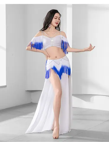 우아한 오리엔탈 댄스 복장 밸리 댄스 팀 천 그룹 의상 소녀 훈련 세트 대비 색상 프린지 쉬미 롱 스커트