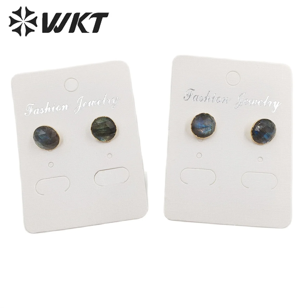 WT-E151 Lovely Hot Sale Sparkly Natural Labradorite Round Studs Stone With Gold Dipped Multi Color Fashion Earrings