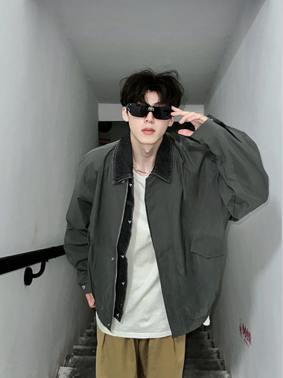 

Retro American Sle Denim Jaet Men's Workwear Outerwear Spring Autumn Winter Casual Loose Fit Vintage Fake Two-Piece Jaet