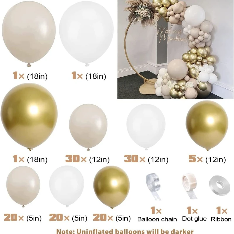 Imagem -05 - Kit Guirlanda Rústico Balão Cromo Ouro Decoração de Aniversário do Casamento Globo de Areia Branca Baby Shower Party Backdrop 131 Pcs