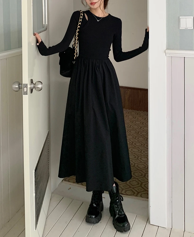 2025 Abito longuette in maglia chic classico nero a vita sottile per donna Autunno semplice casual in puro colore Moda Office Lady Abiti femminili