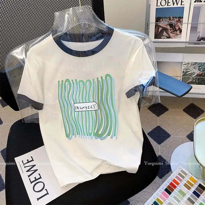 

Summer Chic Printed Pure Cotton T-shirt Office Lady Vintage Loose O-neck Tops Women Fashion Short Sleeve Contrast Tees