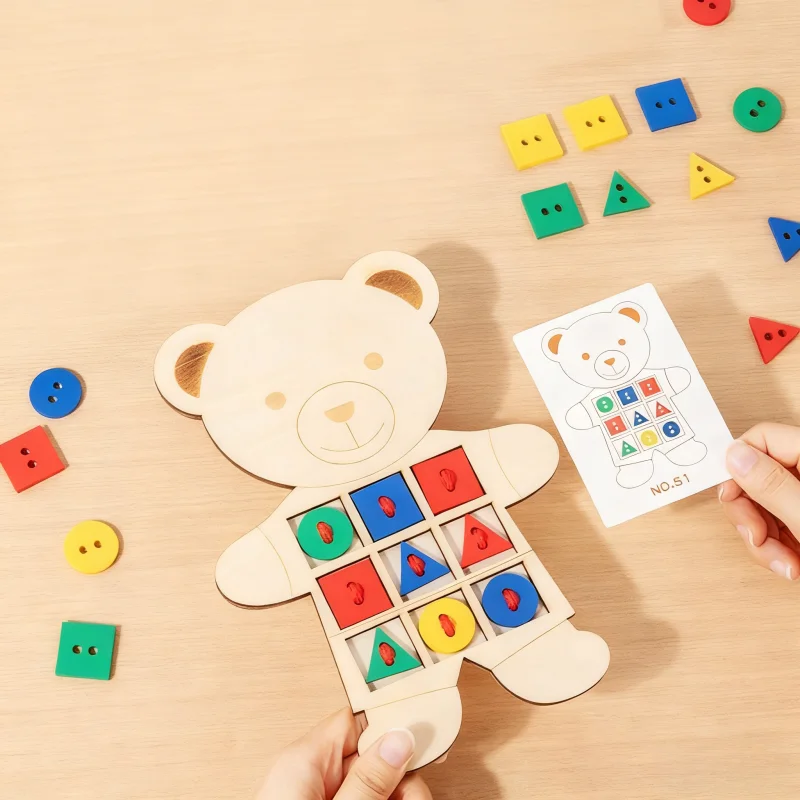 Montessori Toy Wooden Little Bear Geometry Matching Puzzle Rope Threading Game Parent Child Interactive Board Game Education