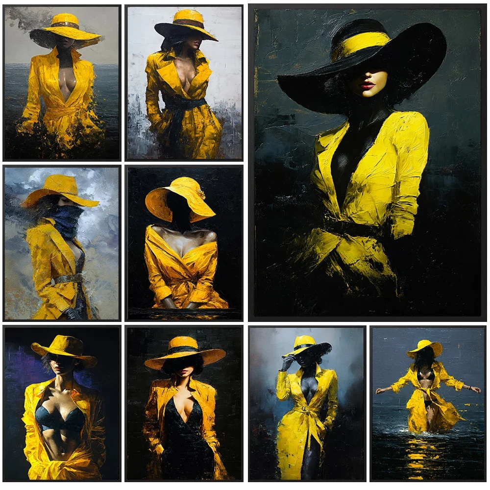 Abstract Fashion Woman Art Prints,Yellow Trench Coat Lady Canvas Wall Decor,Modern Luxury Poster,Entryway & Bedroom Decor