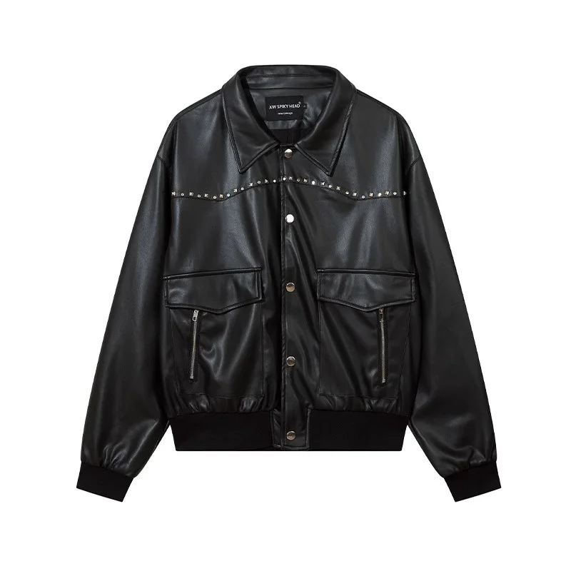 

Vintage design sense rivet short motorcycle leather jacket for men and women