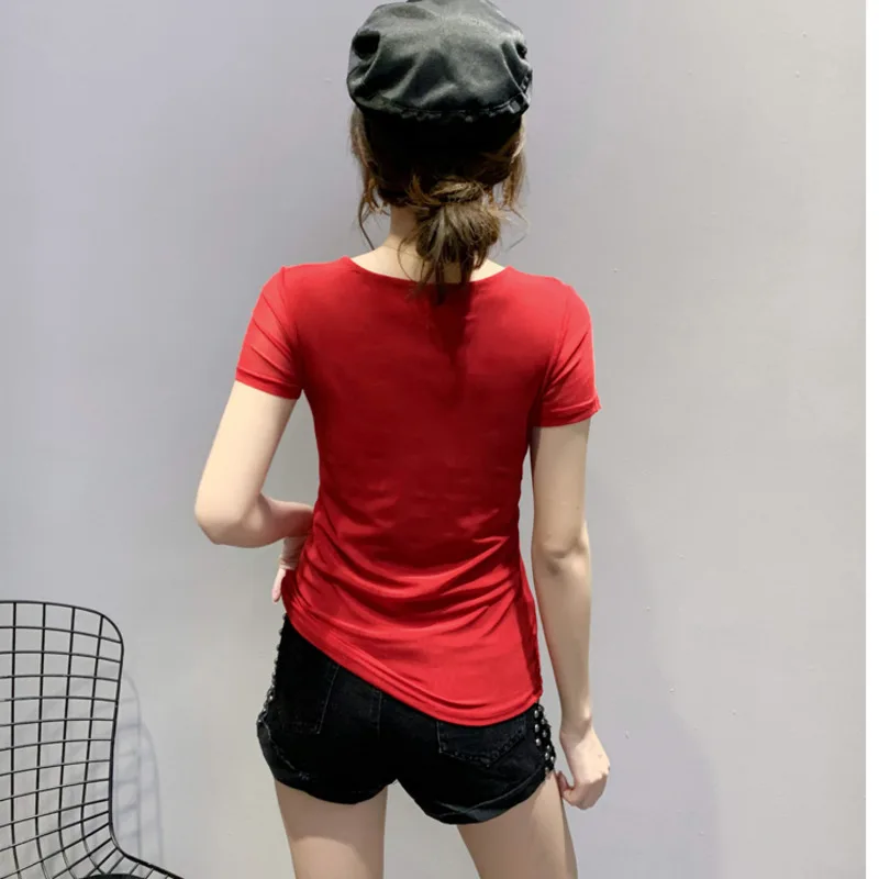 #5203 Red Black White Blue Sexy Mesh T Shirt Women V Neck Short T Shirt Femme Short Sleeved T Shirts Female Korean Style Summer