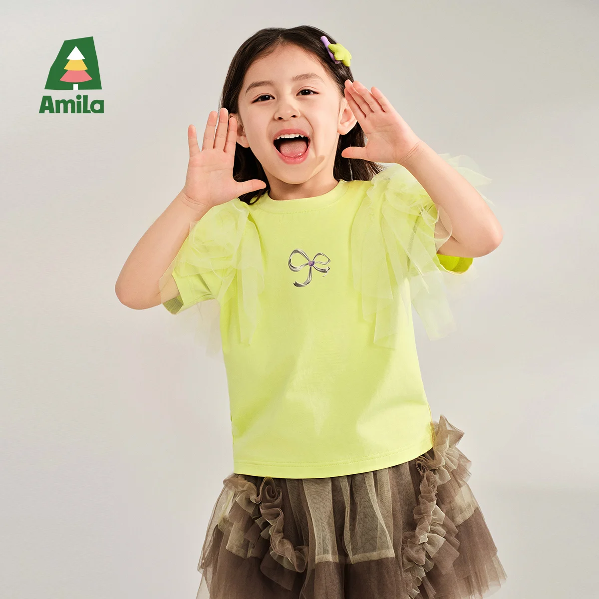 

Amila Baby T-shirt 2025 Summer New Casual Fashionable Lace Patchwork Contrasting Sweet Comfortable Elastic Round Neck Clothing