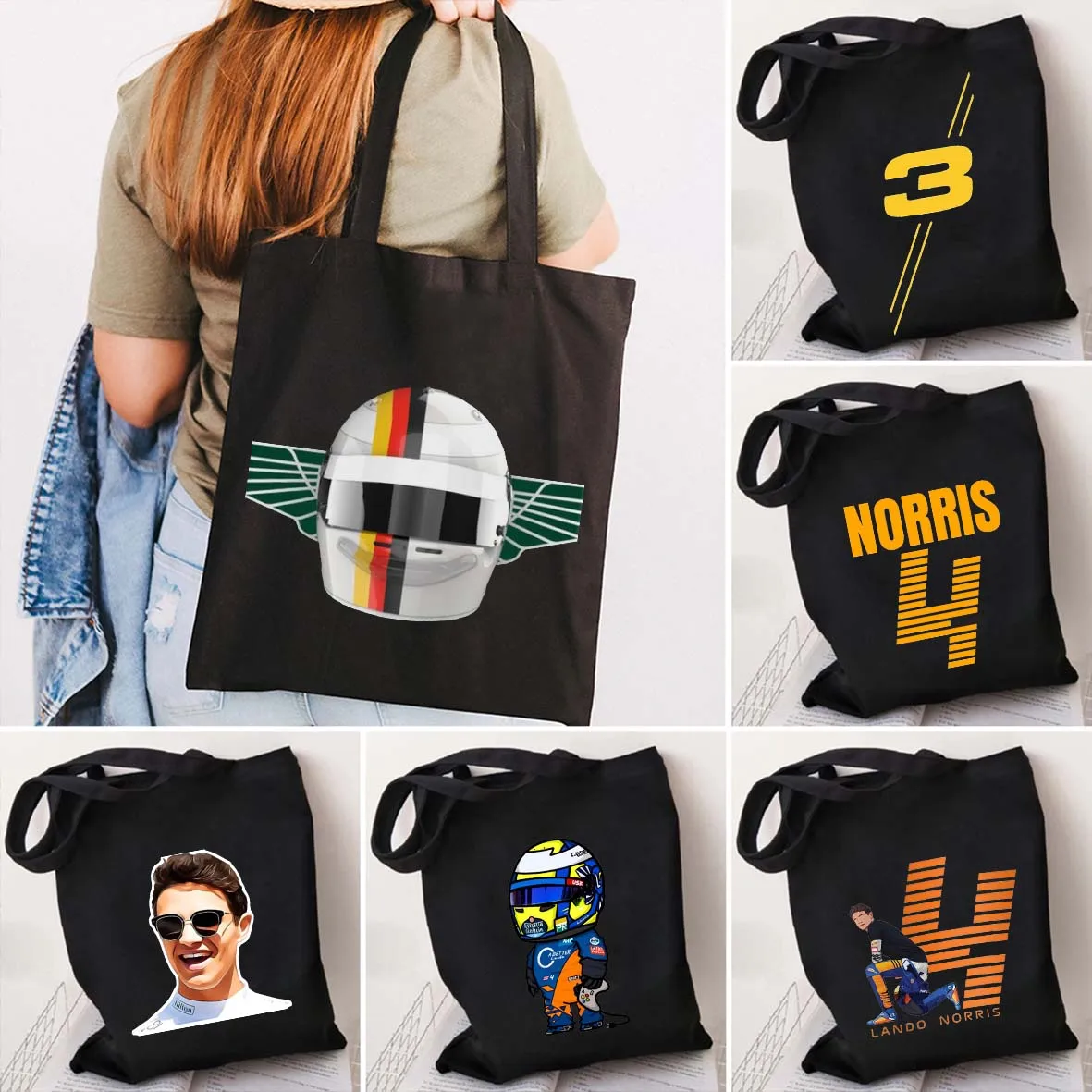 

Formula 1 Racing Car Daniel Ricciardo F1 Racer Lando Norris Helmet Cute Black Shoulder Canvas Totes Bag Shopper Shopping Handbag