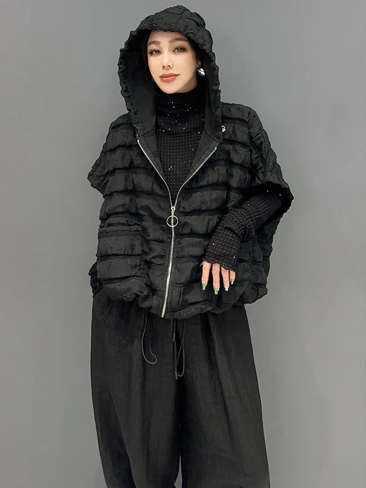 Shengpalae Koreaanse Mode Vrouwen Capuchon Gilet Effen Kleur Veelzijdige Rits Plooien Vrouwelijke Vest Tops Winter 2024 Nieuwe Tij 5r8127