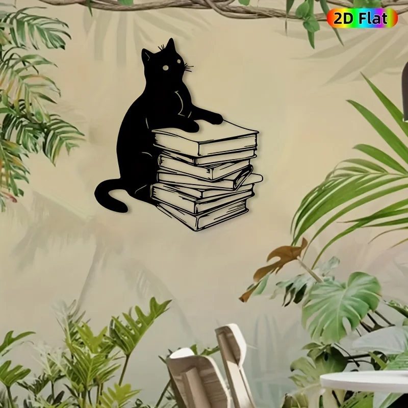 CatLover Metal Wall Art 3D Iron Cat Book Sculpture Rustproof Home Office Library Decor