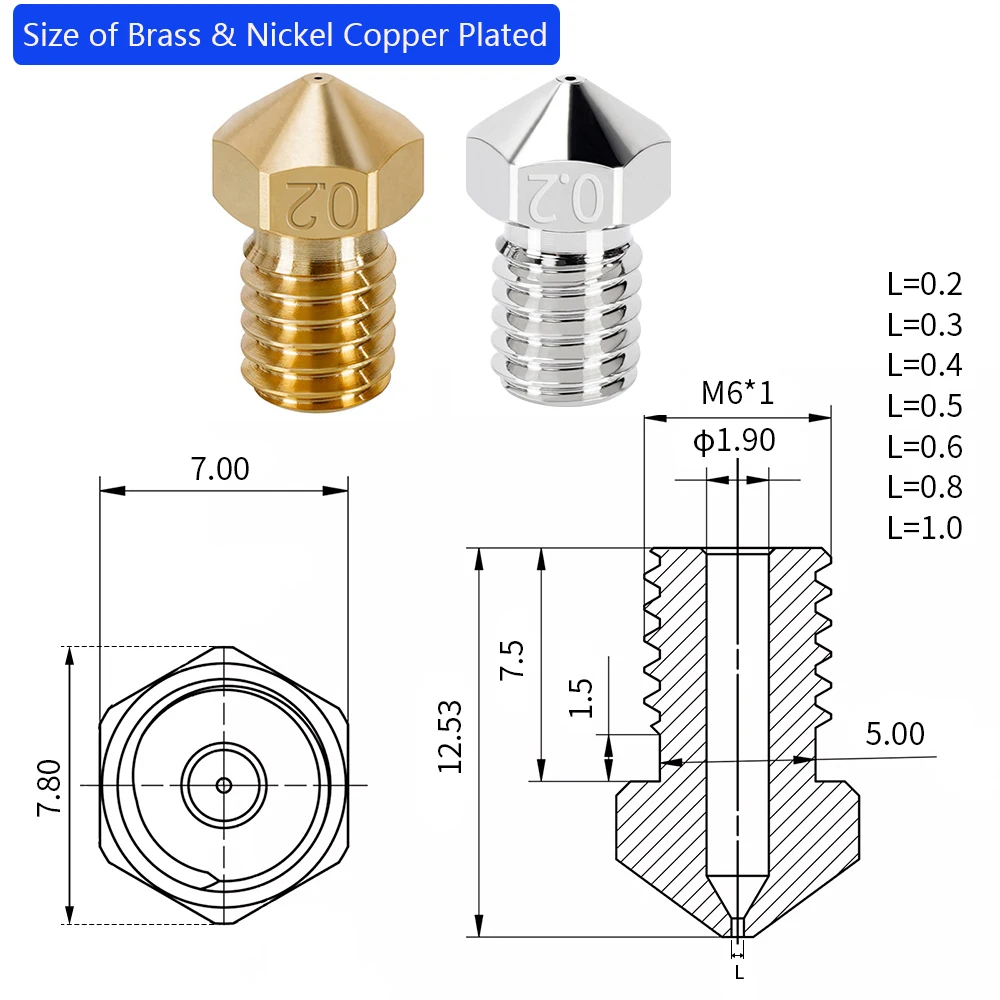 2 pezzi tutto in metallo V6 ugello parti della stampante 3D filettatura M6 ottone acciaio duro titanio PTFE placcato ugelli E3D V5 per filamento da