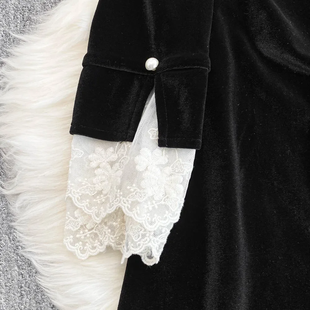 Elegant O Neck Long Sleeve Patchwork Velvet A-line Dress Chic Elegant Vestidos Autumn Women Fashion Ceremonial Dress