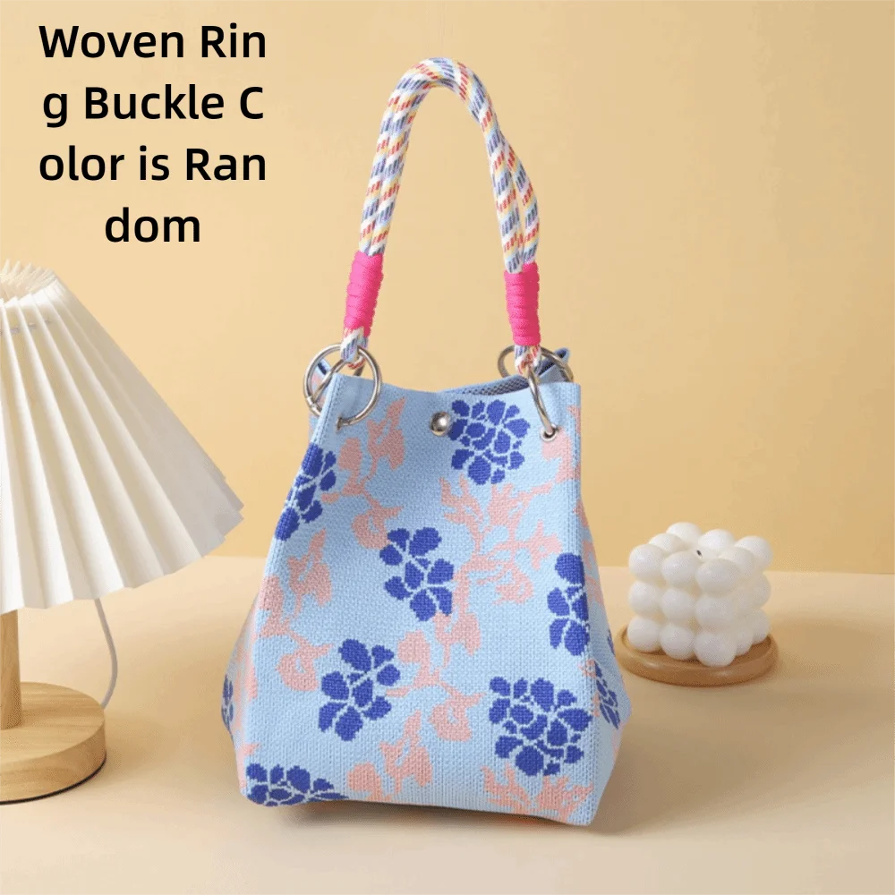 Cute Cartoon Knitted Bucket Bag Handmade Woven Ring Buckle Wrist Bag Large Capacity Tote Bag for Women Girls