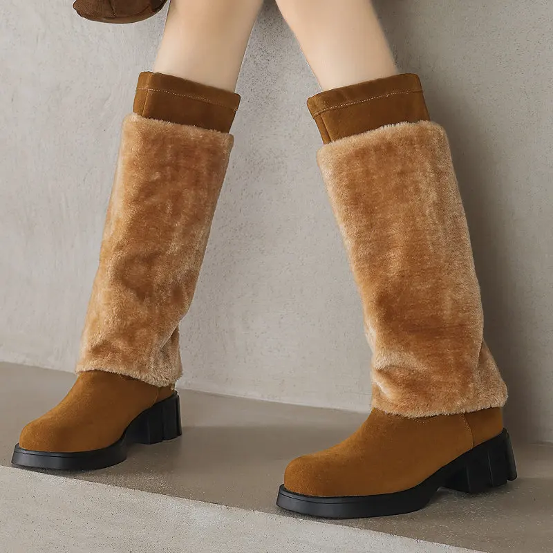 

Winter Faux Fur Plush Warm Women Snow Boots Round Toe Square Chunky High Heels Mature Furry Mid-calf Warm Shoes for Cold Weather