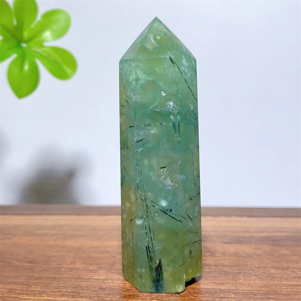 Natrual Crystal Green Prehnite Towers Green Tourmaline Rutile Agate Mineral Specimens Polished Crafts Hexagonal Obelisk Stone