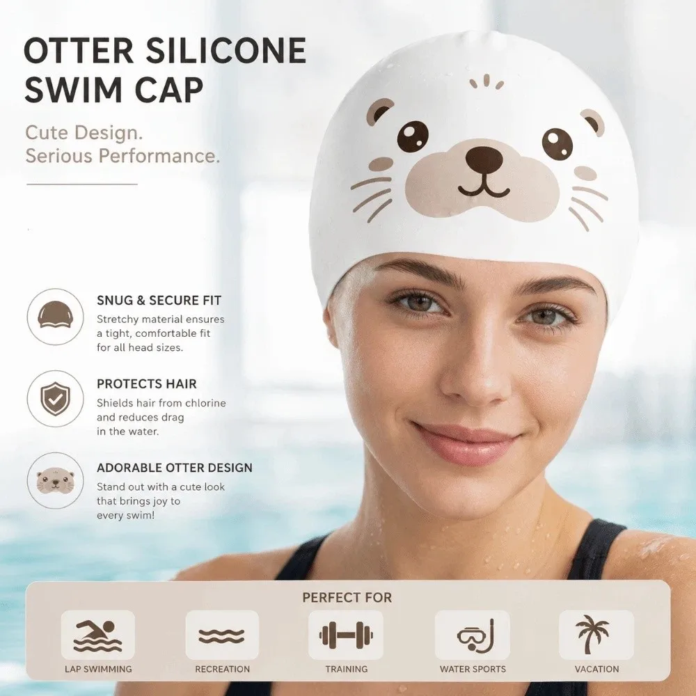 Bonnet de bain créatif en silicone à motif de loutre de mer, amusant, antidérapant, avec protection des oreilles et des cheveux
