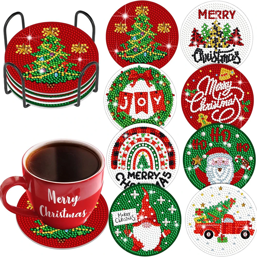 6/8/10pcs Christmas Diamond Painting Coaster Kit DIY Xmas Diamond Art Coaster Cup Cushion Tablemat Chriatmas Gift Party Decor