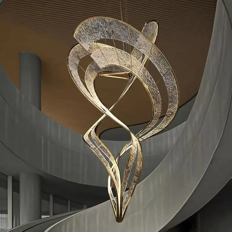 French Elegance Spiral Pendant Lamp Stainless Steel Acrylic Brass Gold Silver Dimmable Ceilings Lustre Hotel Lobby