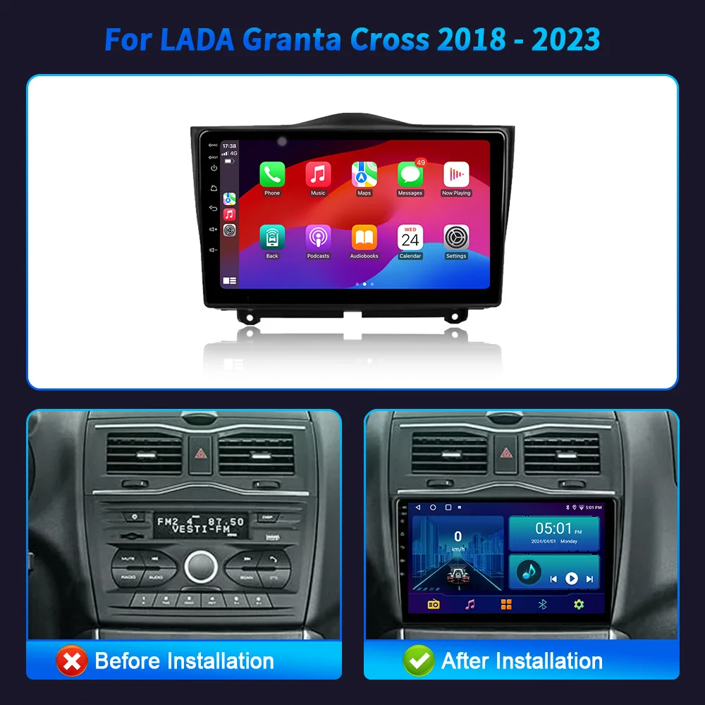 Android 14 For LADA Granta Cross 2018-2023 Car Radio Multimedia Navigation 2DIN Wireless Carplay Stereo Head Unit Screen