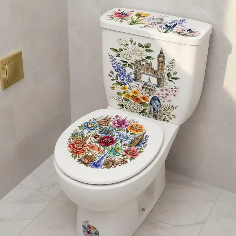 Floral Toilet Lid Sticker Waterproof Removable Self-Adhesive Bathroom Wall Decal for Small Restroom Upgrade