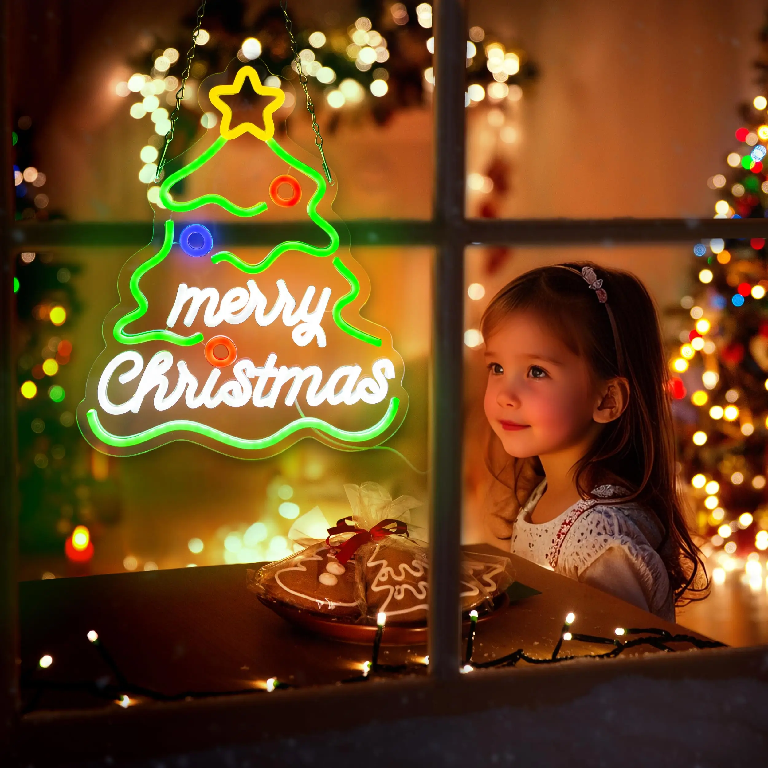 Christmas Tree Neon Sign with Dimmable Switch USB Powered LED Light for Window Wall Bar and Party Home Holiday Decorations