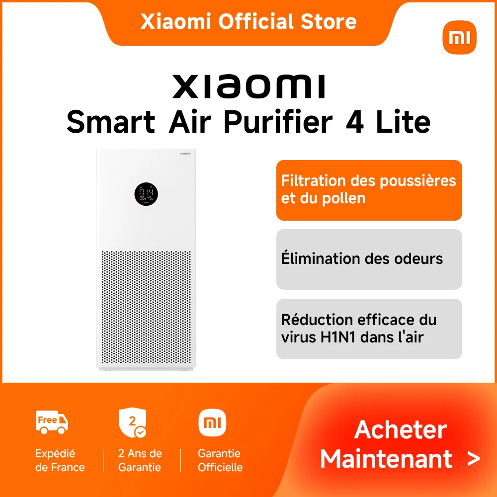 Xiaomi France | Xiaomi Smart Air Purifier 4 Lite 99,97 % Filtrage des particules de 0,3 μm, 25-43 m² Zone de couverture effective, 33,4 dB(A) Faible niveau sonore
