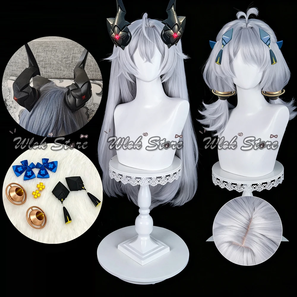 Zenless Zone Zero Dracaene Sunbringer Cosplay Wig Headwear Earrings Set ZZZ Lindverne Silver Long Hair Horns For Halloween Party