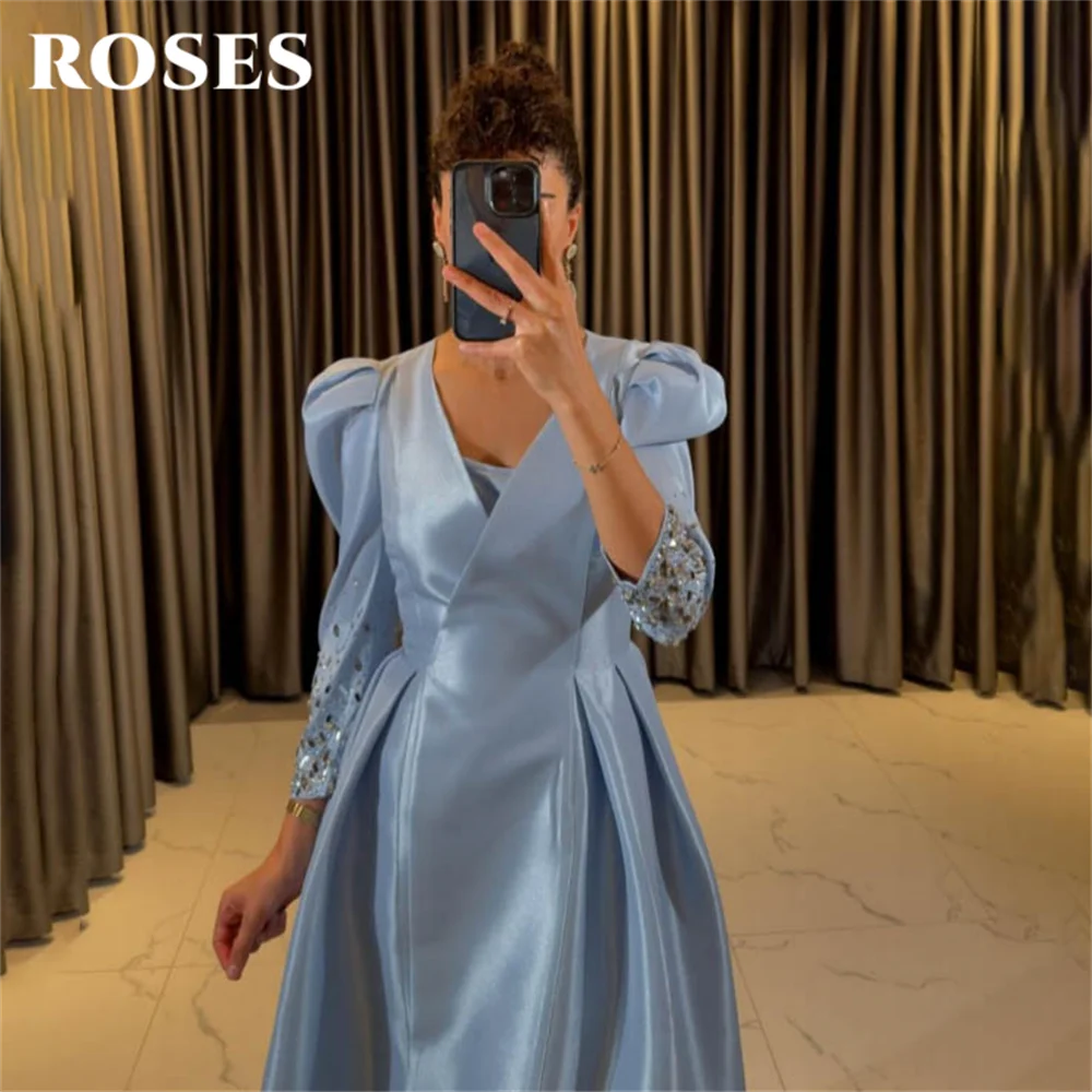 ROSES Regally Abito da festa azzurro cielo Abito da sera con maniche a sbuffo con scollo a V Abito da ballo con polsini con perline opolutamente per donna Personalizzato