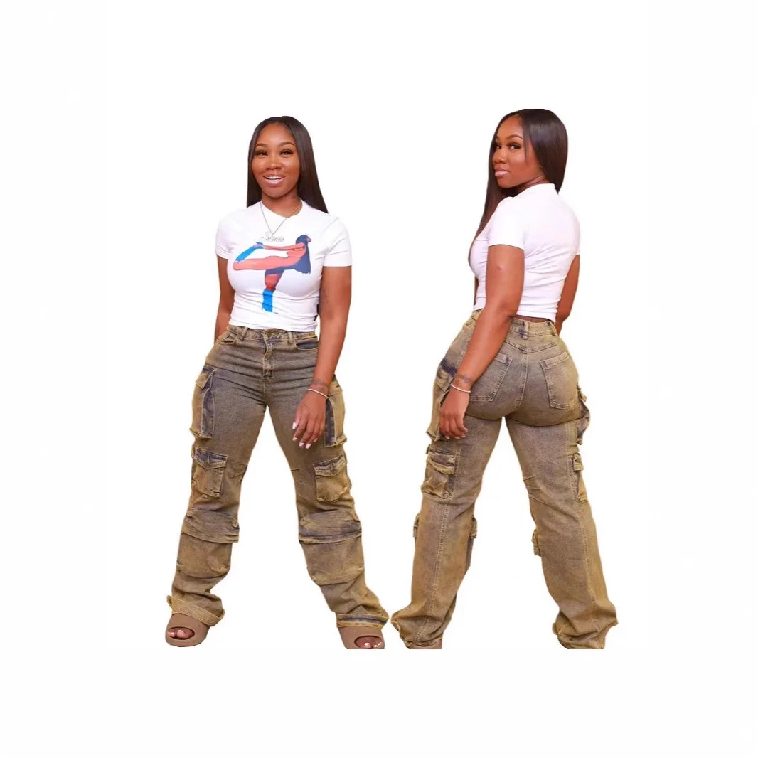 New Women's Multi-Layer Washed Gun Metal Workwear Denim Wide Leg Pants, Trendy Loose Fit Trousers Spring Summer