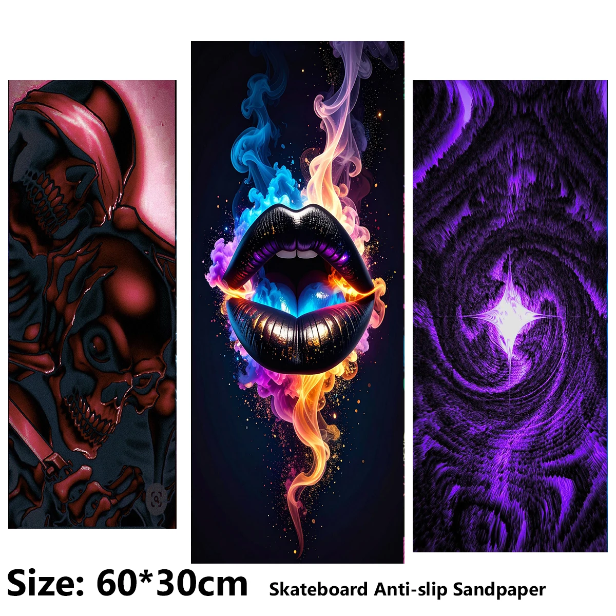 Electric Scooter Anti-slip Sticker Sandpaper Skateboard GripTape Sheet 60*30cm Black Lip Vortex Skeleton Pattern