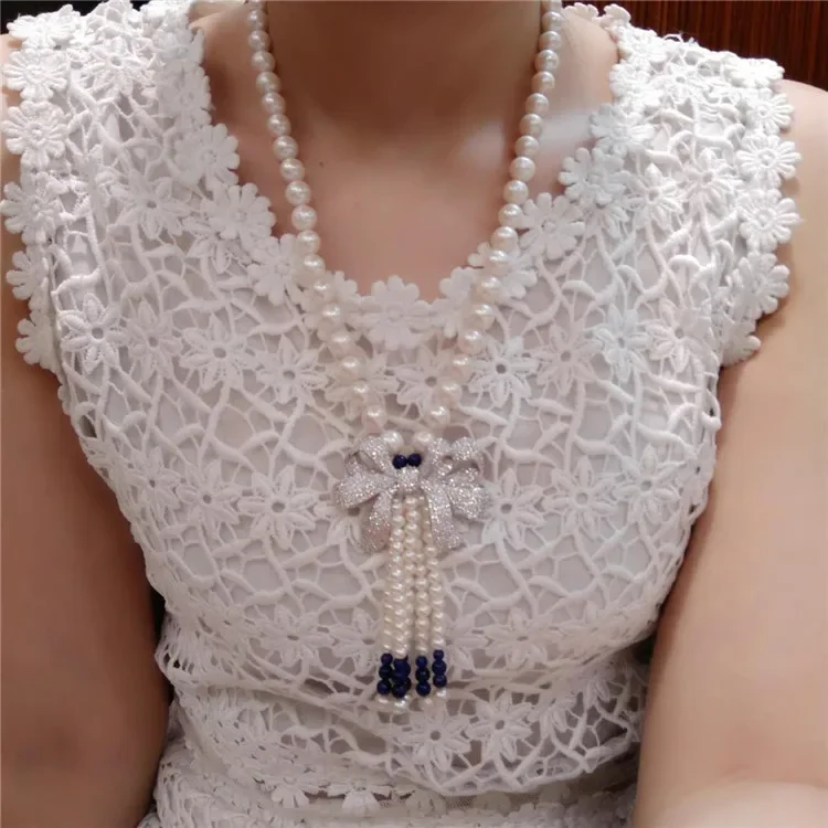 hot sell natural 9-10mm white freshwater pearls Lapis lazuli bowknot accessories long necklace sweater chain fashion jewelry