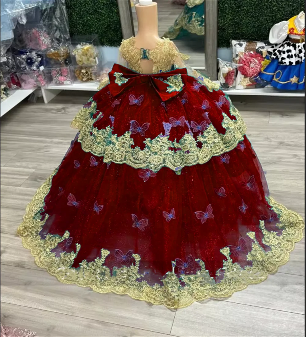 Smaragdgrüne Blumen mädchen Kleid mit Gold Aufkleber nachlaufen Schmetterling Ballkleid für Geburtstags feier Schönheits wettbewerb Kleid